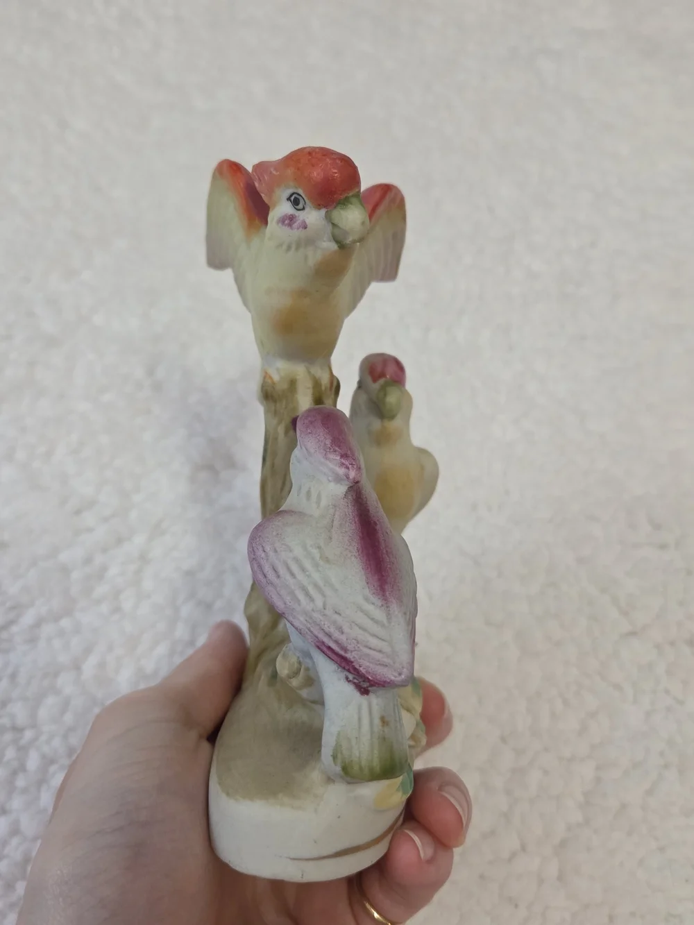 Ceramic Bird Figurine 3 Birds On A Tree Stump Japan Vintage Decor